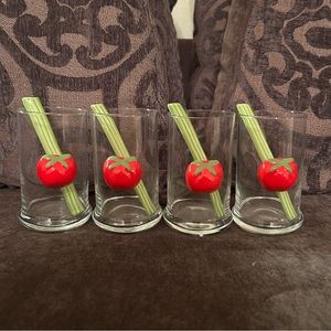 VINTAGE BLOODY MARY GLASSES WITH CERAMIC CELERY STIR STICK- SET OF 4